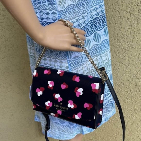 Kate Spade Carson Flutter Hearts Printed Convertible Crossbody Black Multi - Picture 10 of 14